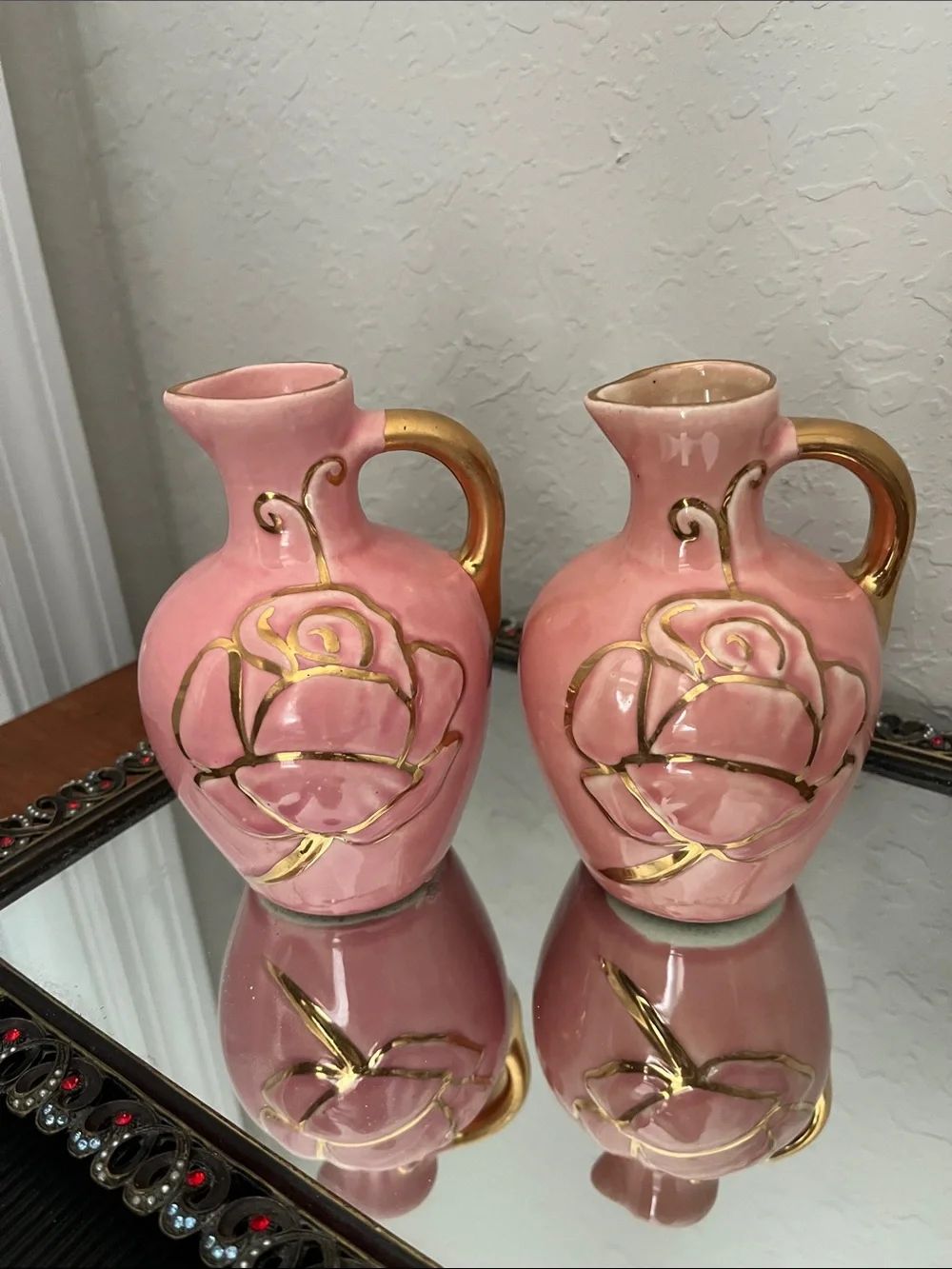 American Pottery VTG Pink Ceramic Rose Accent Pitcher (Set of 2) with Gold Trim